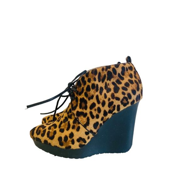 JIMMY CHOO Brown Leopard Calf Hair Baxter Wedge Lace Up Ankle Booties Size 34.5 - Picture 5 of 9